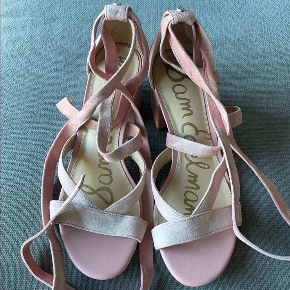 Pink lace up heeled sandals